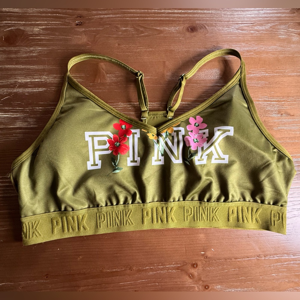 PINK Olive Green Sports Bra with Pink Logo Accent